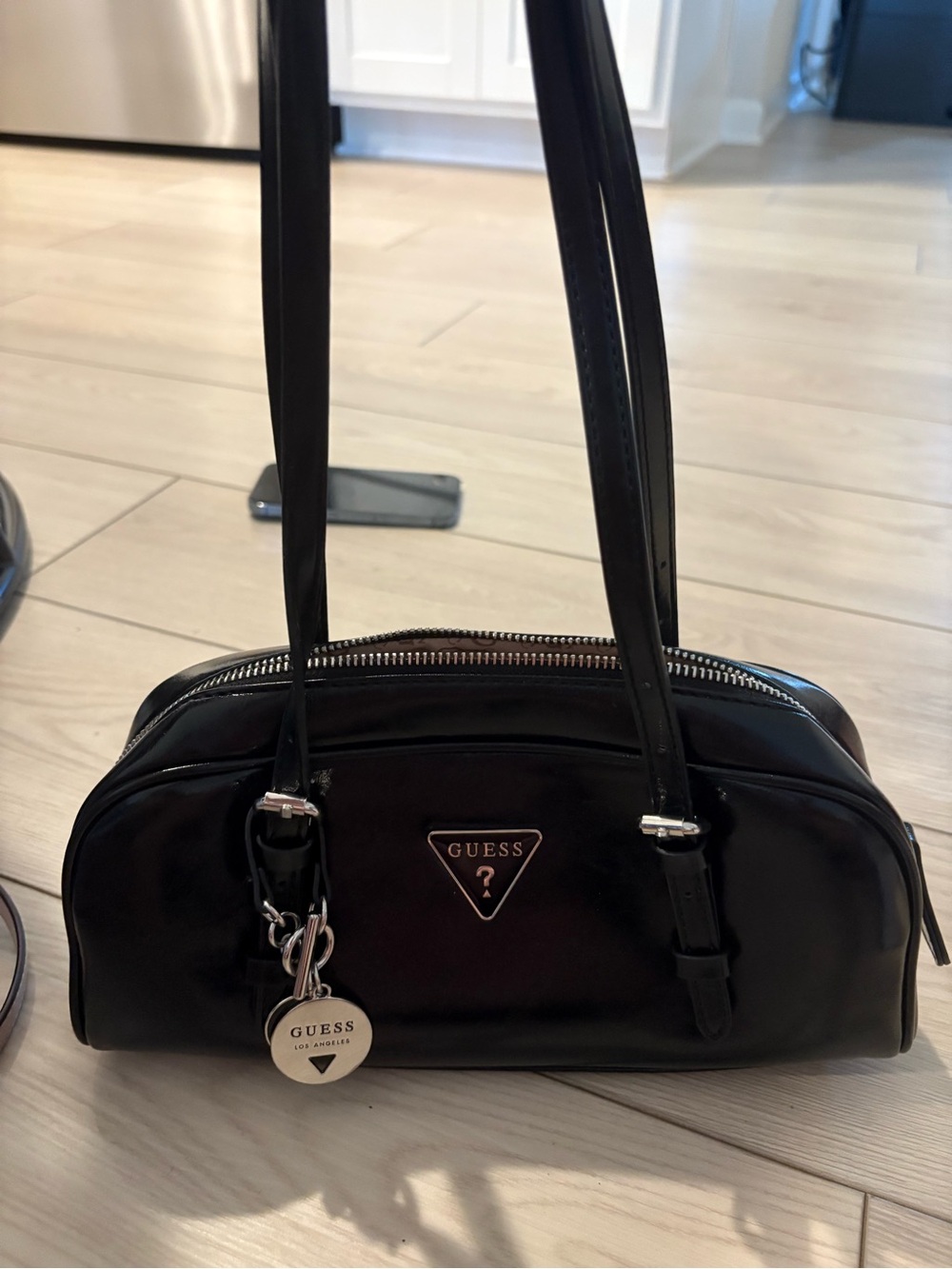 GUESS Black Patent Shoulder Bag with Silver Hardware
